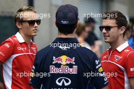 (L to R): Max Chilton (GBR) Marussia F1 Team with Daniel Ricciardo (AUS) Red Bull Racing and Jules Bianchi (FRA) Marussia F1 Team on the drivers parade. 08.06.2014. Formula 1 World Championship, Rd 7, Canadian Grand Prix, Montreal, Canada, Race Day.