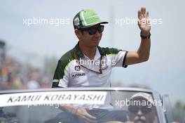 Kamui Kobayashi (JPN) Caterham on the drivers parade. 08.06.2014. Formula 1 World Championship, Rd 7, Canadian Grand Prix, Montreal, Canada, Race Day.