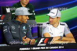 (L to R): Lewis Hamilton (GBR) Mercedes AMG F1 and Jenson Button (GBR) McLaren in the FIA Press Conference. 05.06.2014. Formula 1 World Championship, Rd 7, Canadian Grand Prix, Montreal, Canada, Preparation Day.