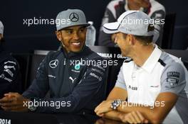 (L to R): Lewis Hamilton (GBR) Mercedes AMG F1 and Jenson Button (GBR) McLaren in the FIA Press Conference. 05.06.2014. Formula 1 World Championship, Rd 7, Canadian Grand Prix, Montreal, Canada, Preparation Day.