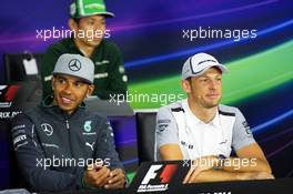 (L to R): Lewis Hamilton (GBR) Mercedes AMG F1 and Jenson Button (GBR) McLaren in the FIA Press Conference. 05.06.2014. Formula 1 World Championship, Rd 7, Canadian Grand Prix, Montreal, Canada, Preparation Day.