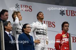The podium (L to R): Nico Rosberg (GER) Mercedes AMG F1, second; Lewis Hamilton (GBR) Mercedes AMG F1, race winner; Fernando Alonso (ESP) Ferrari, third. 20.04.2014. Formula 1 World Championship, Rd 4, Chinese Grand Prix, Shanghai, China, Race Day.
