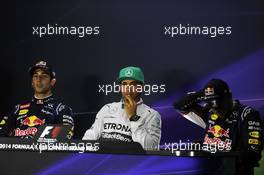 The FIA Press Conference (L to R): Daniel Ricciardo (AUS) Red Bull Racing, second; Lewis Hamilton (GBR) Mercedes AMG F1, pole position; Sebastian Vettel (GER) Red Bull Racing, third. 19.04.2014. Formula 1 World Championship, Rd 4, Chinese Grand Prix, Shanghai, China, Qualifying Day.