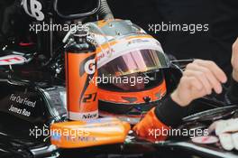Nico Hulkenberg (GER) Sahara Force India F1 VJM07 carrying a tribute to James Rao. 09.05.2014. Formula 1 World Championship, Rd 5, Spanish Grand Prix, Barcelona, Spain, Practice Day.