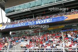 Banner in the grandstand. 11.05.2014. Formula 1 World Championship, Rd 5, Spanish Grand Prix, Barcelona, Spain, Race Day.