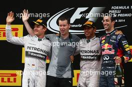 1st place Lewis Hamilton (GBR) Mercedes AMG F1 with 2nd place Nico Rosberg (GER) Mercedes AMG F1 W05 and 3rd place Daniel Ricciardo (AUS) Red Bull Racing. 11.05.2014. Formula 1 World Championship, Rd 5, Spanish Grand Prix, Barcelona, Spain, Race Day.