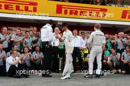 race winner Lewis Hamilton (GBR) Mercedes AMG F1 celebrates with Dr. Dieter Zetsche (GER) Daimler AG CEO, Toto Wolff (GER) Mercedes AMG F1 Shareholder and Executive Director, team mate Nico Rosberg (GER) Mercedes AMG F1 and the team. 11.05.2014. Formula 1 World Championship, Rd 5, Spanish Grand Prix, Barcelona, Spain, Race Day.