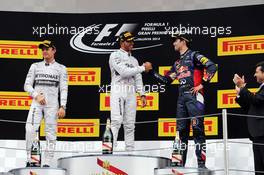 The podium (L to R): Nico Rosberg (GER) Mercedes AMG F1, second; Lewis Hamilton (GBR) Mercedes AMG F1, race winner; Daniel Ricciardo (AUS) Red Bull Racing, third. 11.05.2014. Formula 1 World Championship, Rd 5, Spanish Grand Prix, Barcelona, Spain, Race Day.