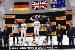 1st place Lewis Hamilton (GBR) Mercedes AMG F1 with 2nd place Nico Rosberg (GER) Mercedes AMG F1 W05 and 3rd place Daniel Ricciardo (AUS) Red Bull Racing. 11.05.2014. Formula 1 World Championship, Rd 5, Spanish Grand Prix, Barcelona, Spain, Race Day.