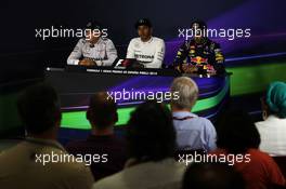 The post race FIA Press Conference (L to R): Nico Rosberg (GER) Mercedes AMG F1, second; Lewis Hamilton (GBR) Mercedes AMG F1, race winner; Daniel Ricciardo (AUS) Red Bull Racing, third. 11.05.2014. Formula 1 World Championship, Rd 5, Spanish Grand Prix, Barcelona, Spain, Race Day.