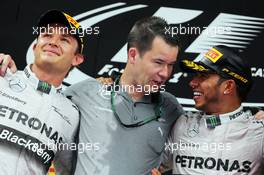 The podium (L to R): second placed Nico Rosberg (GER) Mercedes AMG F1 with Mike Elliot (GBR) Mercedes AMG F1 Head of Aero and race winner Lewis Hamilton (GBR) Mercedes AMG F1. 11.05.2014. Formula 1 World Championship, Rd 5, Spanish Grand Prix, Barcelona, Spain, Race Day.