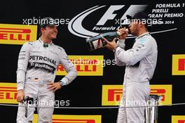 (L to R): second placed Nico Rosberg (GER) Mercedes AMG F1 celebrates with team mate and race winner Lewis Hamilton (GBR) Mercedes AMG F1. 11.05.2014. Formula 1 World Championship, Rd 5, Spanish Grand Prix, Barcelona, Spain, Race Day.