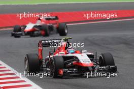 Max Chilton (GBR) Marussia F1 Team MR03 leads team mate Jules Bianchi (FRA) Marussia F1 Team MR03. 11.05.2014. Formula 1 World Championship, Rd 5, Spanish Grand Prix, Barcelona, Spain, Race Day.