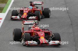 Kimi Raikkonen (FIN) Ferrari F14-T leads team mate Fernando Alonso (ESP) Ferrari F14-T. 11.05.2014. Formula 1 World Championship, Rd 5, Spanish Grand Prix, Barcelona, Spain, Race Day.