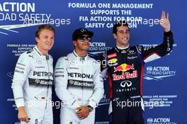 Qualifying top three in parc ferme (L to R): Nico Rosberg (GER) Mercedes AMG F1, second; Lewis Hamilton (GBR) Mercedes AMG F1, pole position; Daniel Ricciardo (AUS) Red Bull Racing, third. 10.05.2014. Formula 1 World Championship, Rd 5, Spanish Grand Prix, Barcelona, Spain, Qualifying Day.