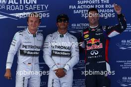Pole position for Lewis Hamilton (GBR) Mercedes AMG F1 2nd for Nico Rosberg (GER) Mercedes AMG F1 and 3rd for Daniel Ricciardo (AUS) Red Bull Racing RB10. 10.05.2014. Formula 1 World Championship, Rd 5, Spanish Grand Prix, Barcelona, Spain, Qualifying Day.