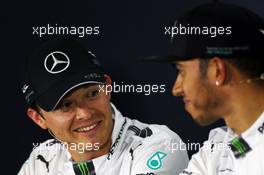 (L to R): Nico Rosberg (GER) Mercedes AMG F1 and Lewis Hamilton (GBR) Mercedes AMG F1 in the FIA Press Conference. 10.05.2014. Formula 1 World Championship, Rd 5, Spanish Grand Prix, Barcelona, Spain, Qualifying Day.