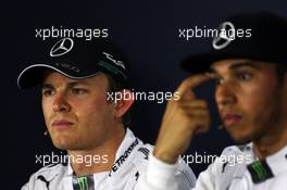 (L to R): Nico Rosberg (GER) Mercedes AMG F1 with team mate Lewis Hamilton (GBR) Mercedes AMG F1 in the FIA Press Conference. 10.05.2014. Formula 1 World Championship, Rd 5, Spanish Grand Prix, Barcelona, Spain, Qualifying Day.