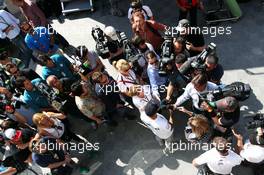 Lewis Hamilton (GBR) Mercedes AMG F1 with the media. 08.05.2014. Formula 1 World Championship, Rd 5, Spanish Grand Prix, Barcelona, Spain, Preparation Day.