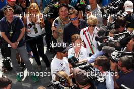 Lewis Hamilton (GBR) Mercedes AMG F1 with the media. 08.05.2014. Formula 1 World Championship, Rd 5, Spanish Grand Prix, Barcelona, Spain, Preparation Day.