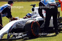 Susie Wolff (GBR) Williams FW36 Development Driver stops on the circuit during FP1. 04.07.2014. Formula 1 World Championship, Rd 9, British Grand Prix, Silverstone, England, Practice Day.