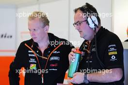 (L to R): Andrew Green (GBR) Sahara Force India F1 Team Technical Director with Tom McCullough (GBR) Sahara Force India F1 Team Chief Engineer. 04.07.2014. Formula 1 World Championship, Rd 9, British Grand Prix, Silverstone, England, Practice Day.