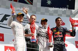 1st place Lewis Hamilton (GBR) Mercedes AMG F1 2nd place Valtteri Bottas (FIN) Williams FW36 and 3rd place Daniel Ricciardo (AUS) Red Bull Racing. 06.07.2014. Formula 1 World Championship, Rd 9, British Grand Prix, Silverstone, England, Race Day.