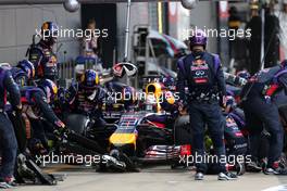 Sebastian Vettel (GER), Red Bull Racing during pitstop 06.07.2014. Formula 1 World Championship, Rd 9, British Grand Prix, Silverstone, England, Race Day.