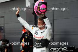 Jenson Button (GBR) McLaren celebrates his third position in qualifying parc ferme. 05.07.2014. Formula 1 World Championship, Rd 9, British Grand Prix, Silverstone, England, Qualifying Day.