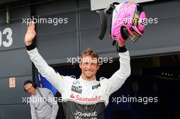 Jenson Button (GBR) McLaren celebrates his third position in qualifying parc ferme. 05.07.2014. Formula 1 World Championship, Rd 9, British Grand Prix, Silverstone, England, Qualifying Day.