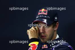 Second placed Sebastian Vettel (GER) Red Bull Racing in the FIA Press Conference. 05.07.2014. Formula 1 World Championship, Rd 9, British Grand Prix, Silverstone, England, Qualifying Day.
