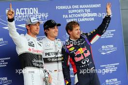 Qualifying top three in parc ferme (L to R): Jenson Button (GBR) McLaren, third; Nico Rosberg (GER) Mercedes AMG F1, pole position; Sebastian Vettel (GER) Red Bull Racing, second. 05.07.2014. Formula 1 World Championship, Rd 9, British Grand Prix, Silverstone, England, Qualifying Day.