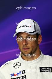 Third placed Jenson Button (GBR) McLaren in the FIA Press Conference. 05.07.2014. Formula 1 World Championship, Rd 9, British Grand Prix, Silverstone, England, Qualifying Day.