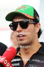 Sergio Perez (MEX) Sahara Force India F1 with the media. 03.07.2014. Formula 1 World Championship, Rd 9, British Grand Prix, Silverstone, England, Preparation Day.