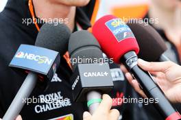Nico Hulkenberg (GER) Sahara Force India F1 with the media. 03.07.2014. Formula 1 World Championship, Rd 9, British Grand Prix, Silverstone, England, Preparation Day.