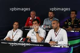 The FIA Press Conference (from back row (L to R)): John Booth (GBR) Marussia F1 Team Team Principal; Paul Hembery (GBR) Pirelli Motorsport Director; Federico Gastaldi (ARG) Lotus F1 Team Deputy Team Principal; Christian Albers (NLD) Caterham F1 Team, Team Principal; Toto Wolff (GER) Mercedes AMG F1 Shareholder and Executive Director; Cyril Abiteboul (FRA) Renault Sport F1 Managing Director. 18.07.2014. Formula 1 World Championship, Rd 10, German Grand Prix, Hockenheim, Germany, Practice Day.