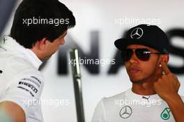 (L to R): Toto Wolff (GER) Mercedes AMG F1 Shareholder and Executive Director wio Lewis Hamilton (GBR) Mercedes AMG F1. 18.07.2014. Formula 1 World Championship, Rd 10, German Grand Prix, Hockenheim, Germany, Practice Day.