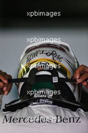 Lewis Hamilton (GBR) Mercedes AMG F1, helmet and HANS device. 18.07.2014. Formula 1 World Championship, Rd 10, German Grand Prix, Hockenheim, Germany, Practice Day.