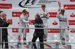 The podium (L to R): Valtteri Bottas (FIN) Williams, second; Nico Rosberg (GER) Mercedes AMG F1, race winner; Lewis Hamilton (GBR) Mercedes AMG F1, third. 20.07.2014. Formula 1 World Championship, Rd 10, German Grand Prix, Hockenheim, Germany, Race Day.