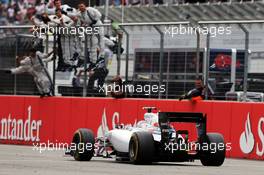 Second placed Valtteri Bottas (FIN) Williams FW36 celebrates as he passes his team at the end of the race. 20.07.2014. Formula 1 World Championship, Rd 10, German Grand Prix, Hockenheim, Germany, Race Day.