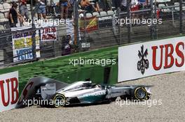 Lewis Hamilton (GBR) Mercedes AMG F1 W05 crashes out in the first section of qualifying. 19.07.2014. Formula 1 World Championship, Rd 10, German Grand Prix, Hockenheim, Germany, Qualifying Day.