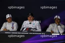 The post qualifying FIA Press Conference (L to R): Valtteri Bottas (FIN) Williams, second; Nico Rosberg (GER) Mercedes AMG F1, pole position; Felipe Massa (BRA) Williams, third. 19.07.2014. Formula 1 World Championship, Rd 10, German Grand Prix, Hockenheim, Germany, Qualifying Day.