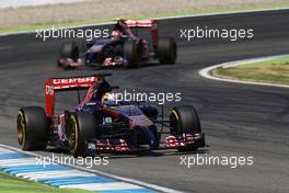 Jean-Eric Vergne (FRA) Scuderia Toro Rosso STR9 leads team mate Daniil Kvyat (RUS) Scuderia Toro Rosso STR9. 19.07.2014. Formula 1 World Championship, Rd 10, German Grand Prix, Hockenheim, Germany, Qualifying Day.