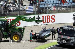 The Mercedes AMG F1 W05 of Lewis Hamilton (GBR) Mercedes AMG F1 is is recovered back to the pits on the back of a truck after he crashed out of qualifying. 19.07.2014. Formula 1 World Championship, Rd 10, German Grand Prix, Hockenheim, Germany, Qualifying Day.