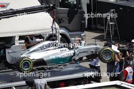 The Mercedes AMG F1 W05 of Lewis Hamilton (GBR) Mercedes AMG F1 is is recovered back to the pits on the back of a truck after he crashed out of qualifying. 19.07.2014. Formula 1 World Championship, Rd 10, German Grand Prix, Hockenheim, Germany, Qualifying Day.