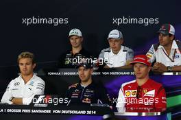 The FIA Press Conference (From back row (L to R): Nico Hulkenberg (GER) Sahara Force India F1; Kevin Magnussen (DEN) McLaren; Adrian Sutil (GER) Sauber; Nico Rosberg (GER) Mercedes AMG F1; Sebastian Vettel (GER) Red Bull Racing; Kimi Raikkonen (FIN) Ferrari. 17.07.2014. Formula 1 World Championship, Rd 10, German Grand Prix, Hockenheim, Germany, Preparation Day.