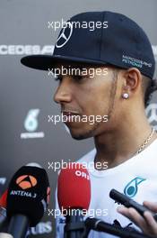 Lewis Hamilton (GBR) Mercedes AMG F1 with the media. 17.07.2014. Formula 1 World Championship, Rd 10, German Grand Prix, Hockenheim, Germany, Preparation Day.