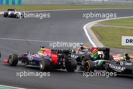 Sebastian Vettel (GER), Red Bull Racing and Sergio Perez (MEX), Sahara Force India  27.07.2014. Formula 1 World Championship, Rd 11, Hungarian Grand Prix, Budapest, Hungary, Race Day.