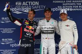 pole for Nico Rosberg (GER) Mercedes AMG F1 2nd place for Sebastian Vettel (GER) Red Bull Racing and 3rd for Valtteri Bottas (FIN) Williams FW36. 26.07.2014. Formula 1 World Championship, Rd 11, Hungarian Grand Prix, Budapest, Hungary, Qualifying Day.