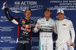 pole for Nico Rosberg (GER) Mercedes AMG F1 2nd place for Sebastian Vettel (GER) Red Bull Racing and 3rd for Valtteri Bottas (FIN) Williams FW36. 26.07.2014. Formula 1 World Championship, Rd 11, Hungarian Grand Prix, Budapest, Hungary, Qualifying Day.